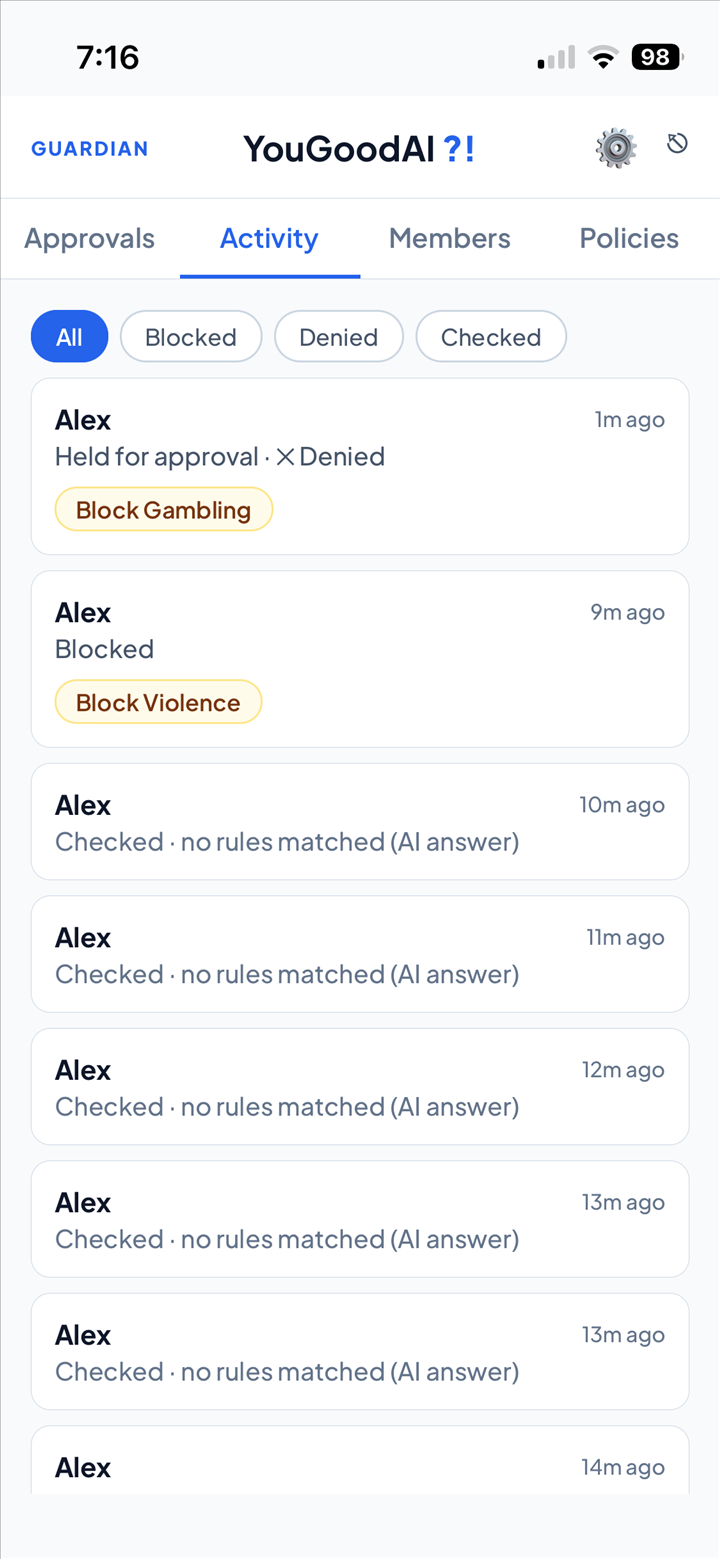 The guardian activity feed showing a denied approval, a blocked request, and a series of 'Checked, no rules matched' entries