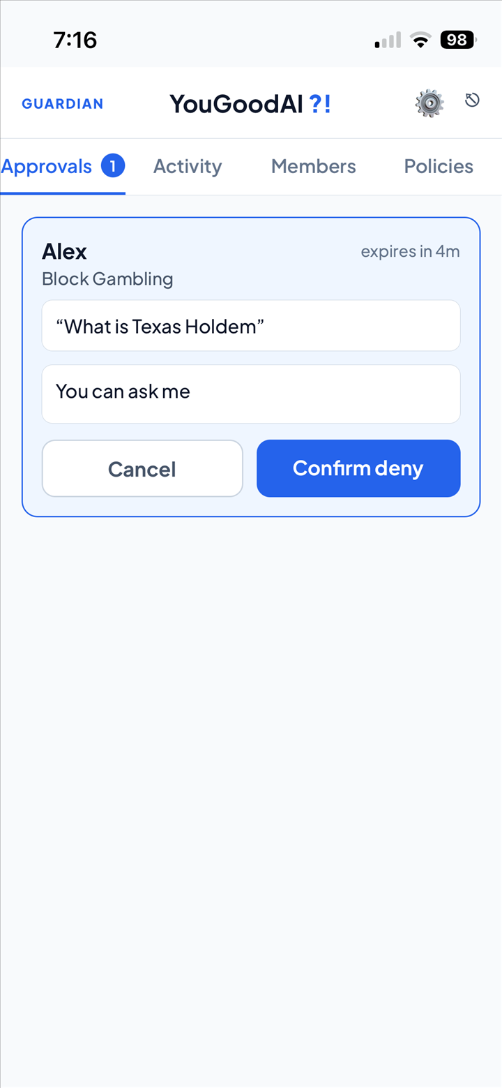 The guardian Approvals tab holding Alex's question 'What is Texas Holdem' under the Block Gambling rule, with Approve and Deny buttons and the note 'You can ask me'