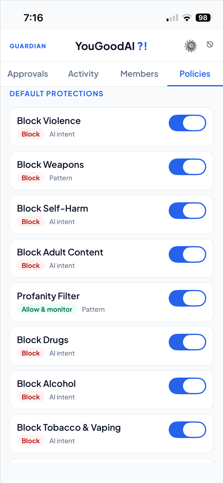 The policies list showing default protections from Block Violence through Block Tobacco and Vaping with toggles
